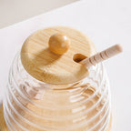 Hive Glass Honey Jar With Wooden Dipper Lid And Tray 480ml