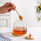 Hive Glass Honey Jar With Wooden Dipper Lid And Tray 480ml