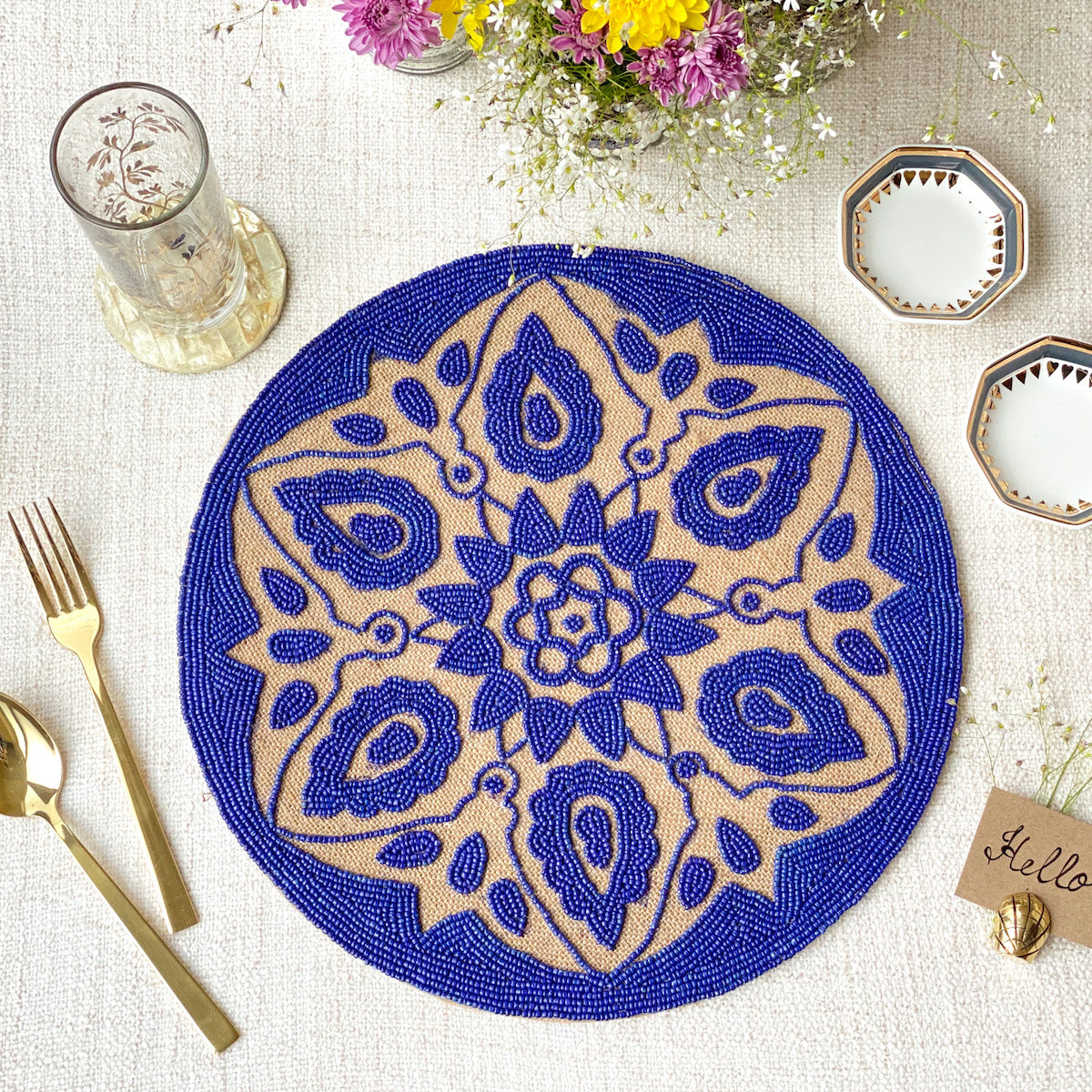 BEADS Mandala Jute Table Mat- Navy Blue
