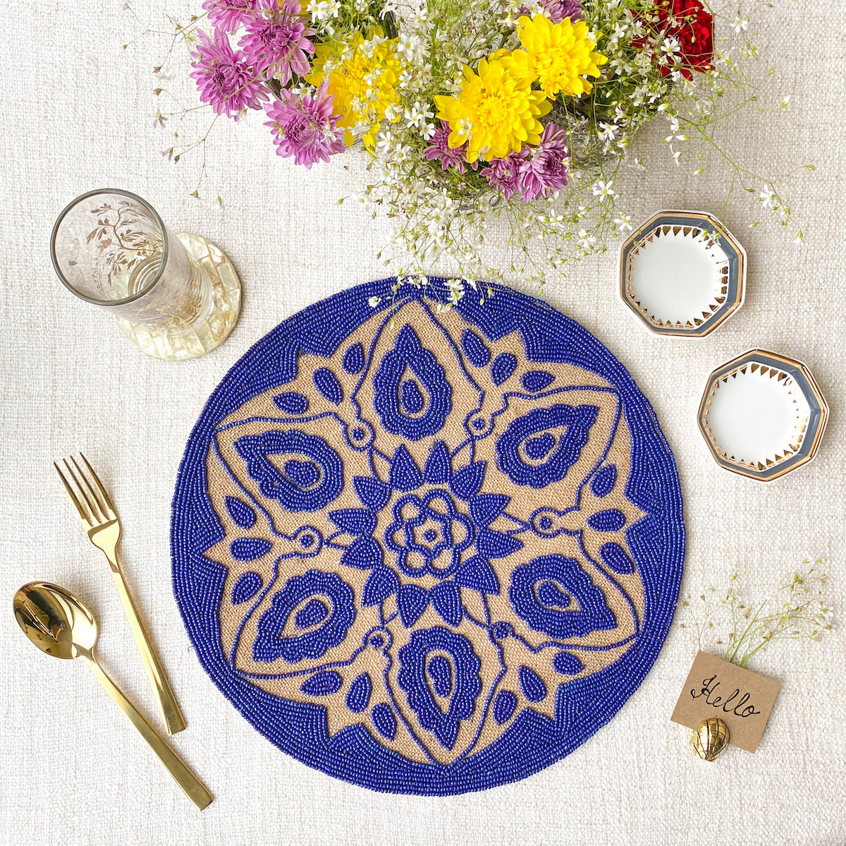 BEADS Mandala Jute Table Mat- Navy Blue