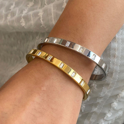 Silver Rectangle Diamond Bangle Bracelet