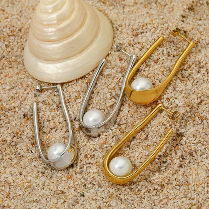 Silver Pearl Open Hoop Earrings
