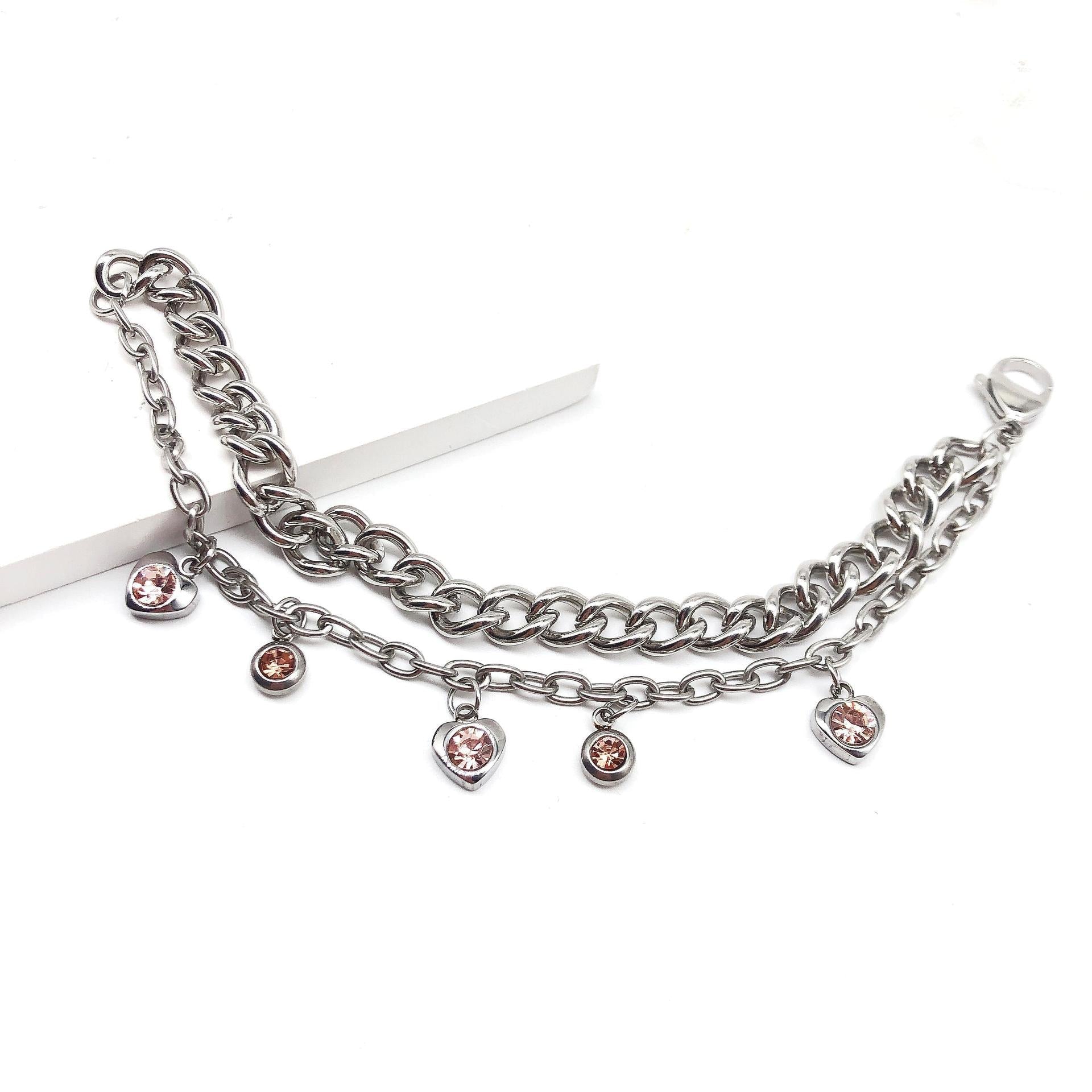Double Chain Pink Charm Bracelet