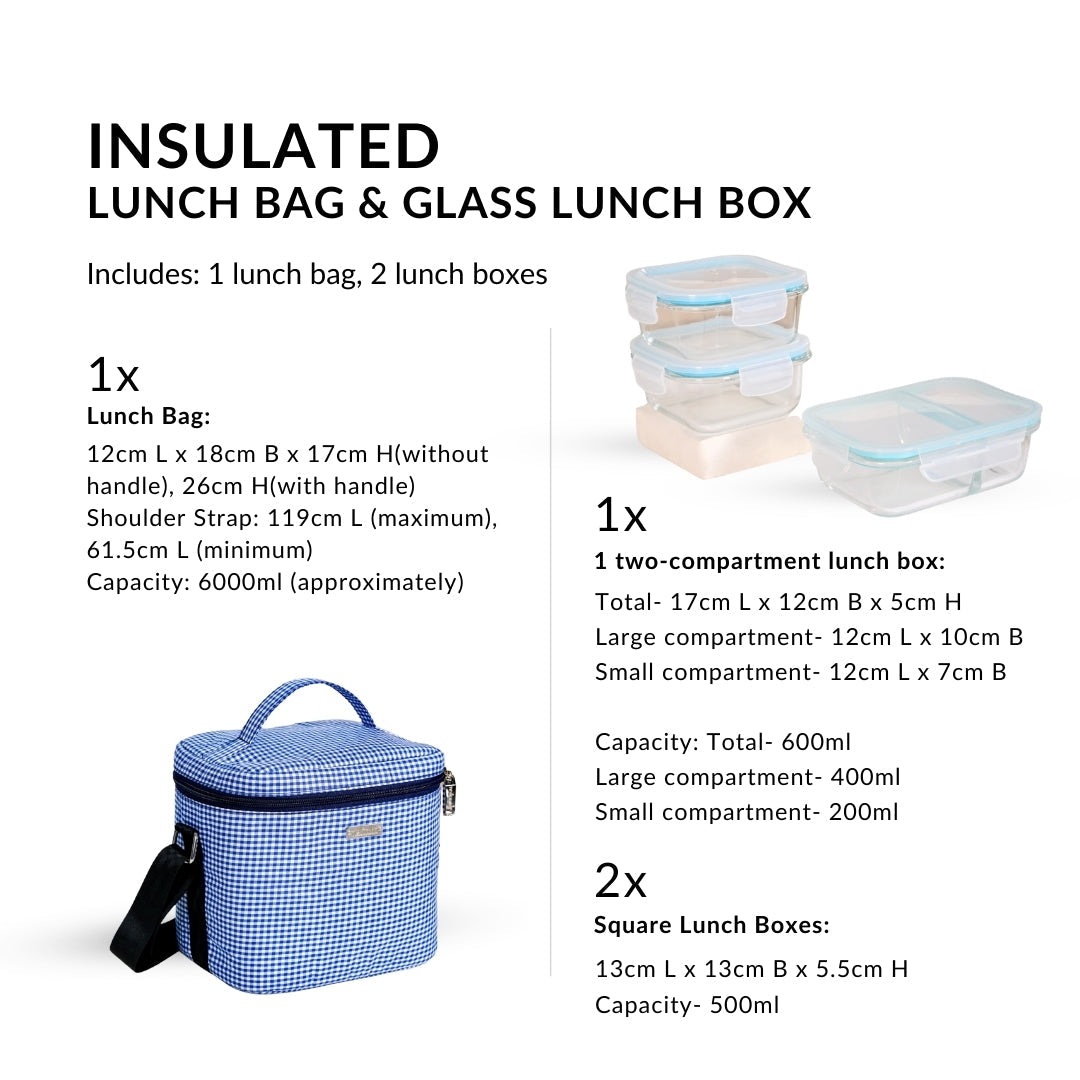 Insulated Lunch Bag And Glass Lunch Box Hamper Blue