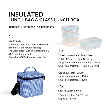 Insulated Lunch Bag And Glass Lunch Box Hamper Blue