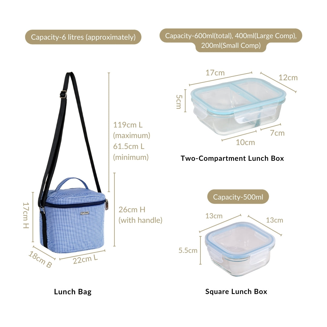 Insulated Lunch Bag And Glass Lunch Box Hamper Blue