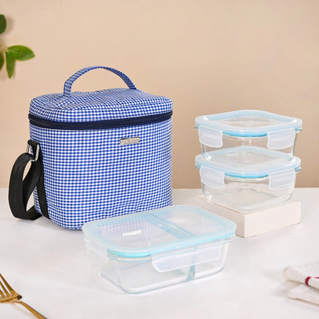 Insulated Lunch Bag And Glass Lunch Box Hamper Blue