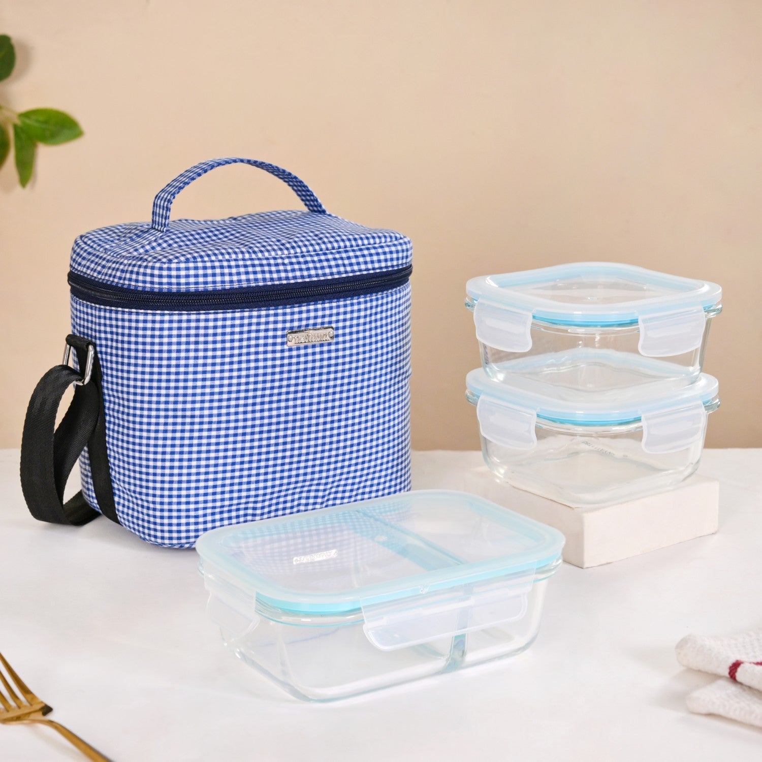 Insulated Lunch Bag And Glass Lunch Box Hamper Blue