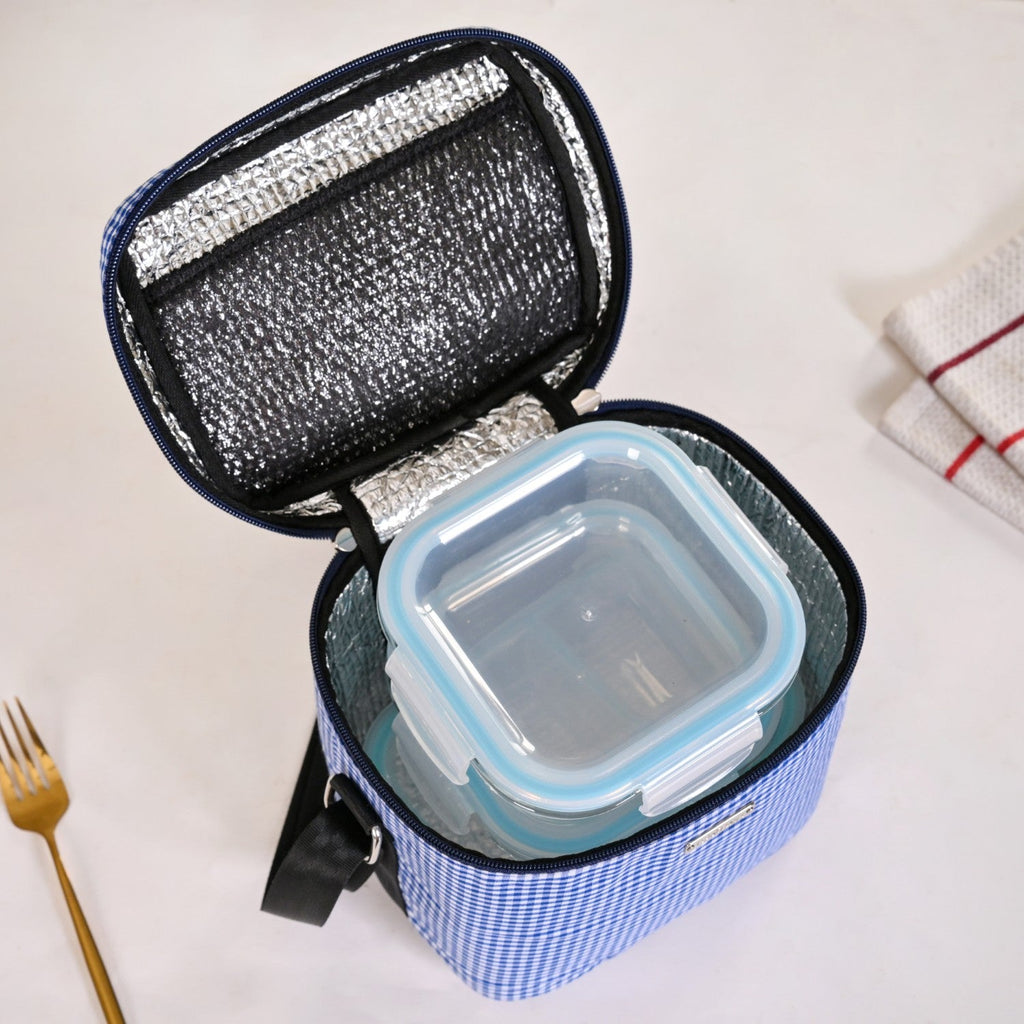 Insulated Lunch Bag And Glass Lunch Box Hamper Blue