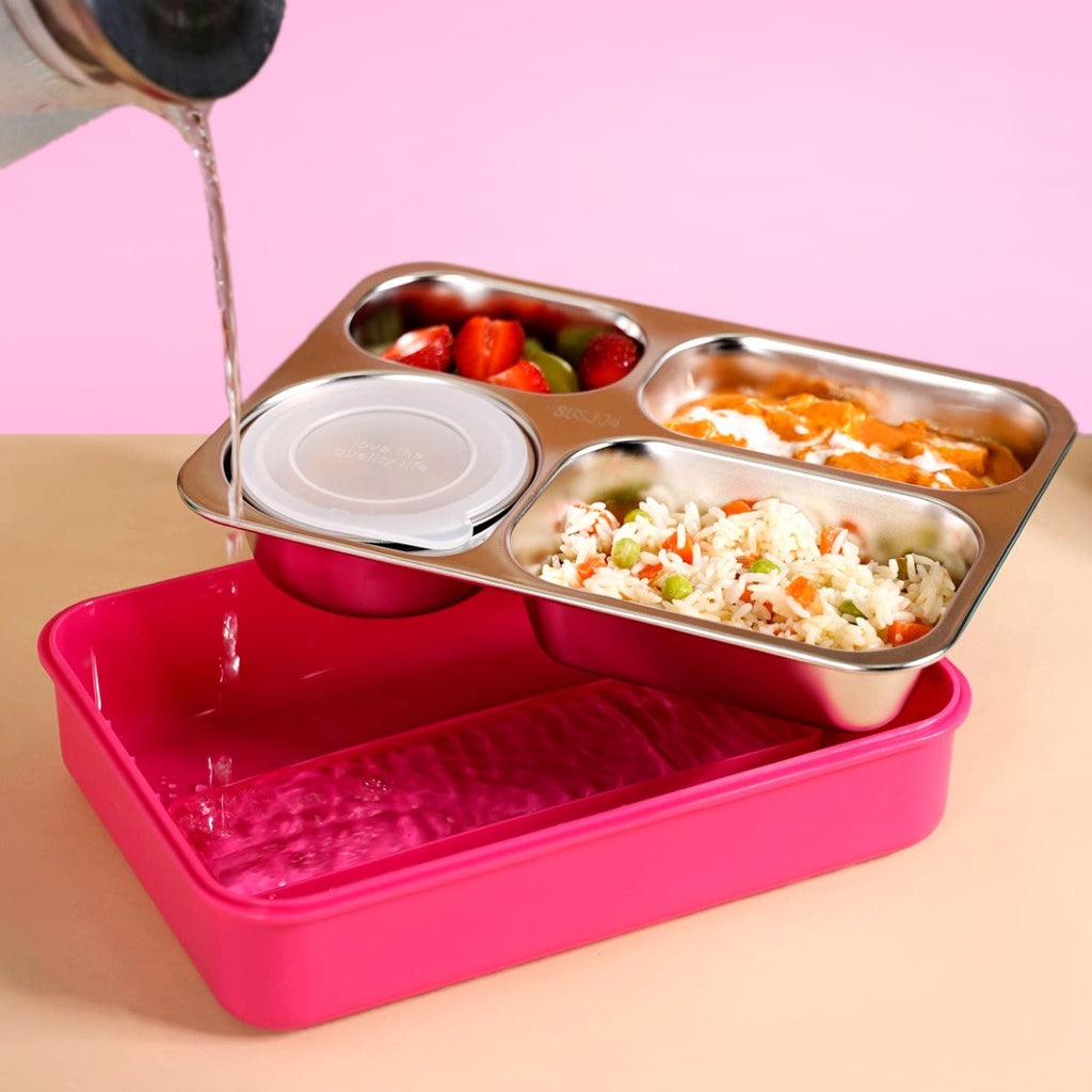 Bento Pink 4 Grid Stainless Steel Lunch Box For Office 950ml