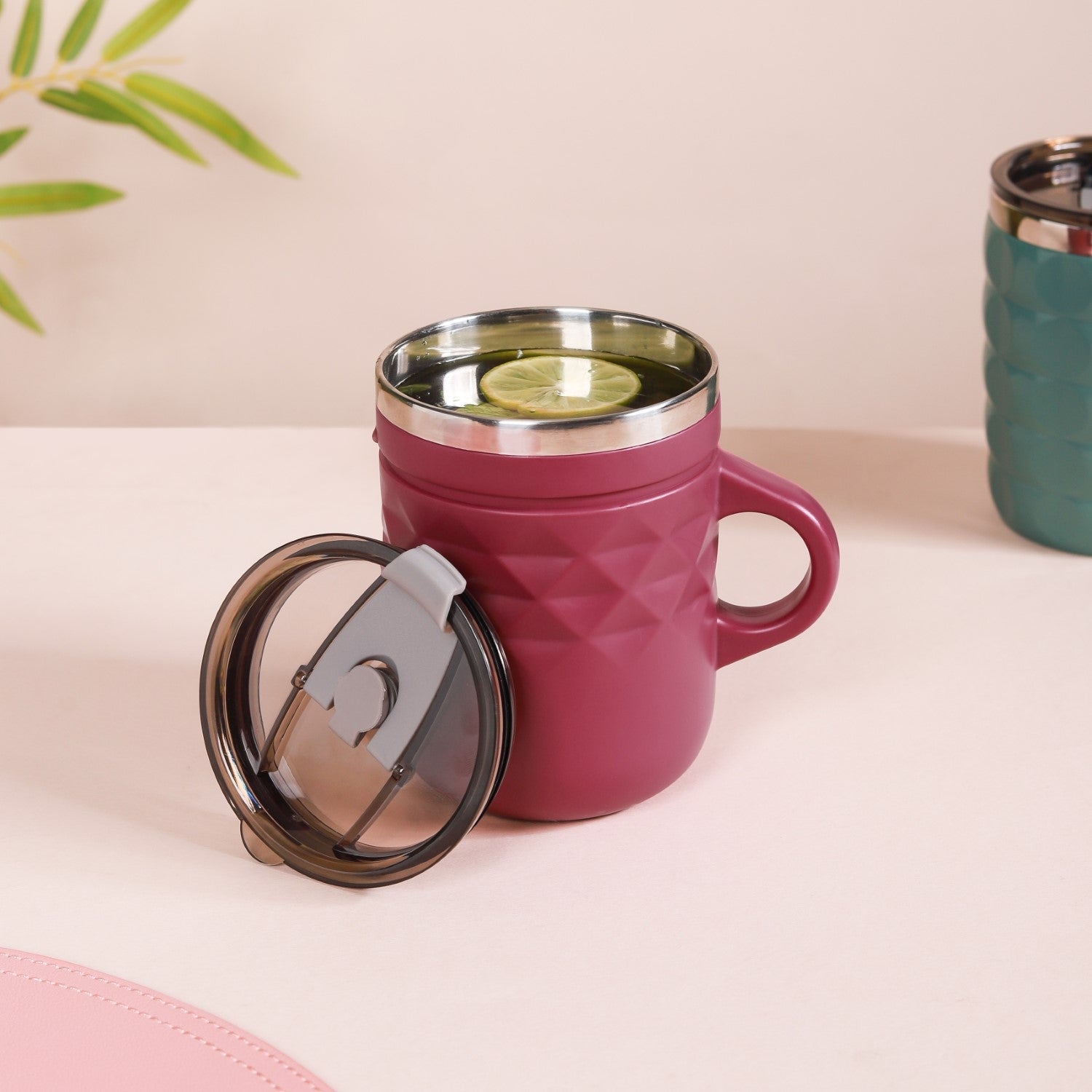 Portable Coffee Mug With Lid Set Of 2 Magenta 400ml