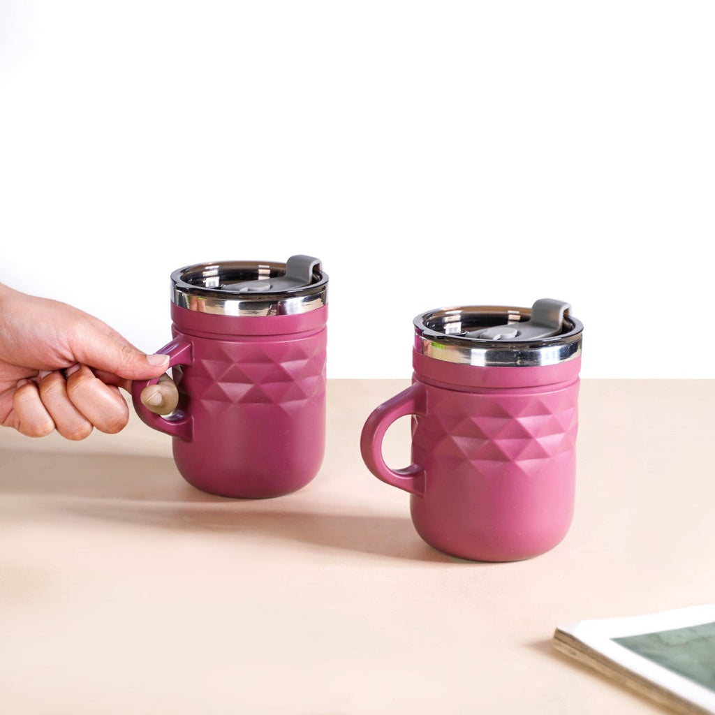 Portable Coffee Mug With Lid Set Of 2 Magenta 400ml