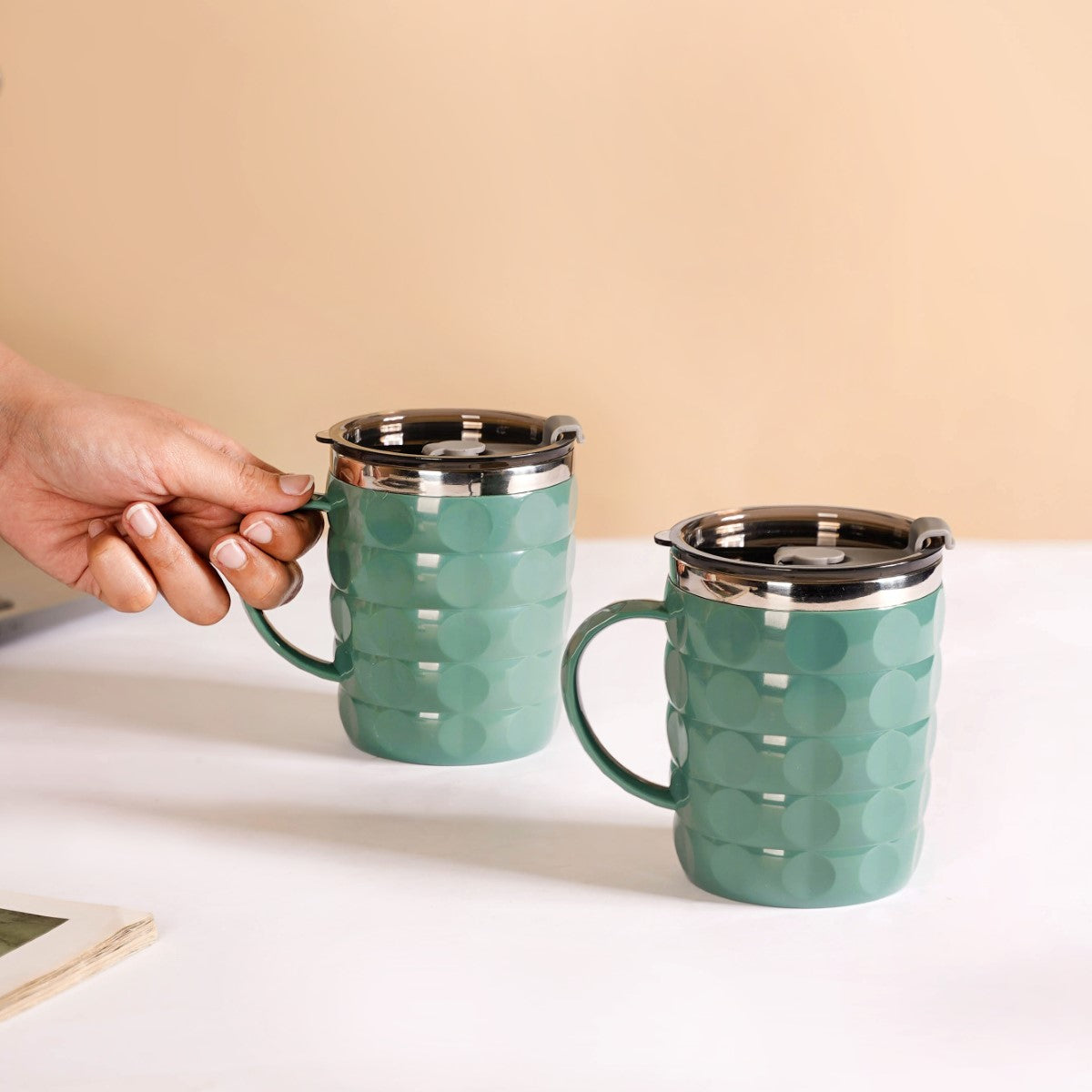 Coffee Mug With Lid Set Of 2 Green 400ml