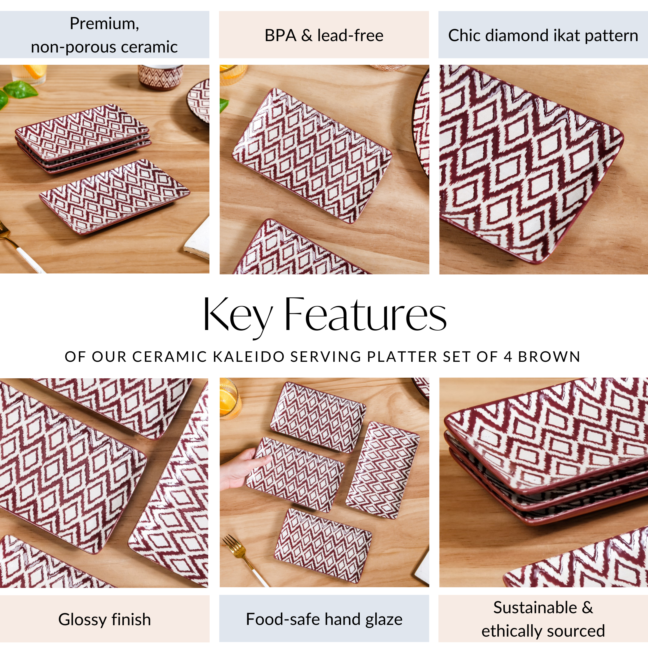 Ceramic Kaleido Serving Platter Set Of 4 Brown 7 Inch