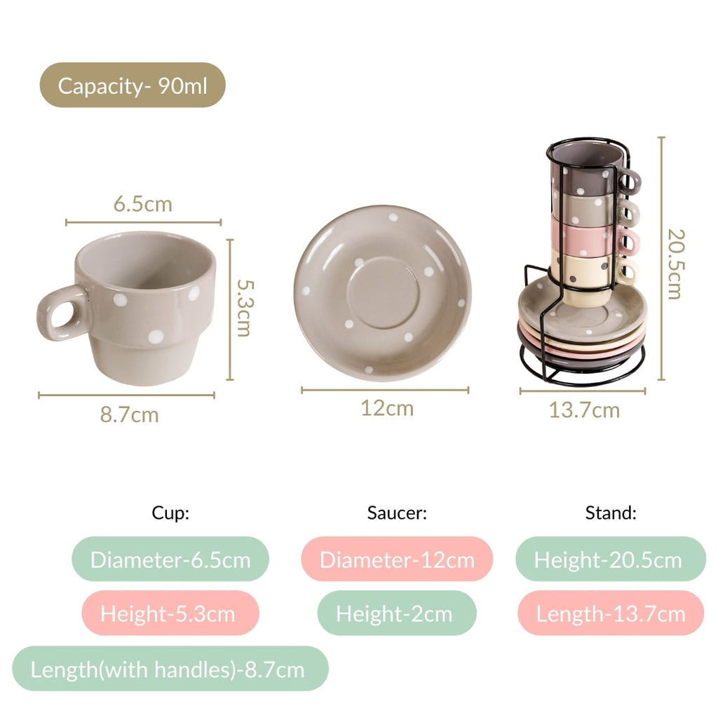 Ceramic Polka Dot Stackable Tea Cup And Saucer Set Of 4 90ml
