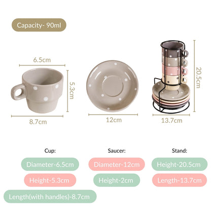 Ceramic Polka Dot Stackable Tea Cup And Saucer Set Of 4 90ml