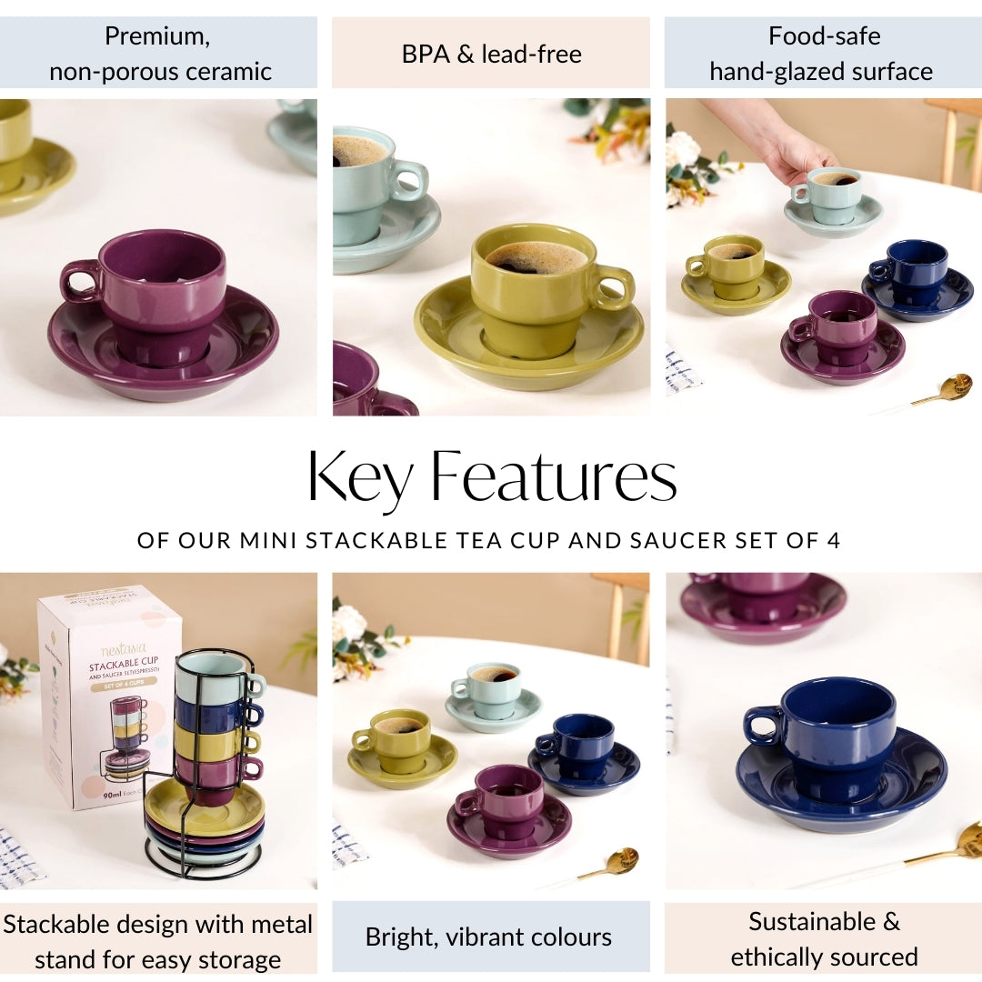 Mini Stackable Tea Cup And Saucer Set Of 4 Multicolour 90ml