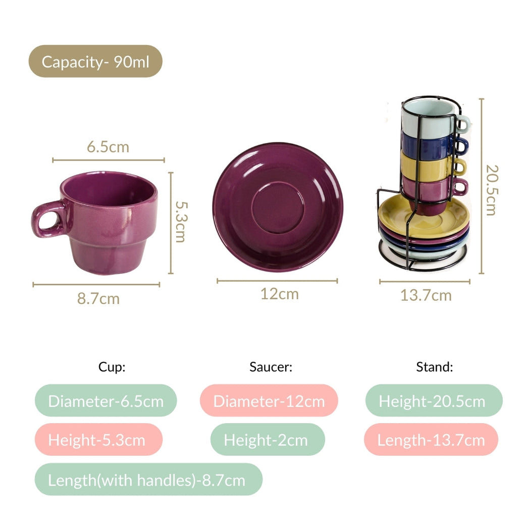 Mini Stackable Tea Cup And Saucer Set Of 4 Multicolour 90ml