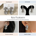 Peony Bloom Silver Drop Earrings