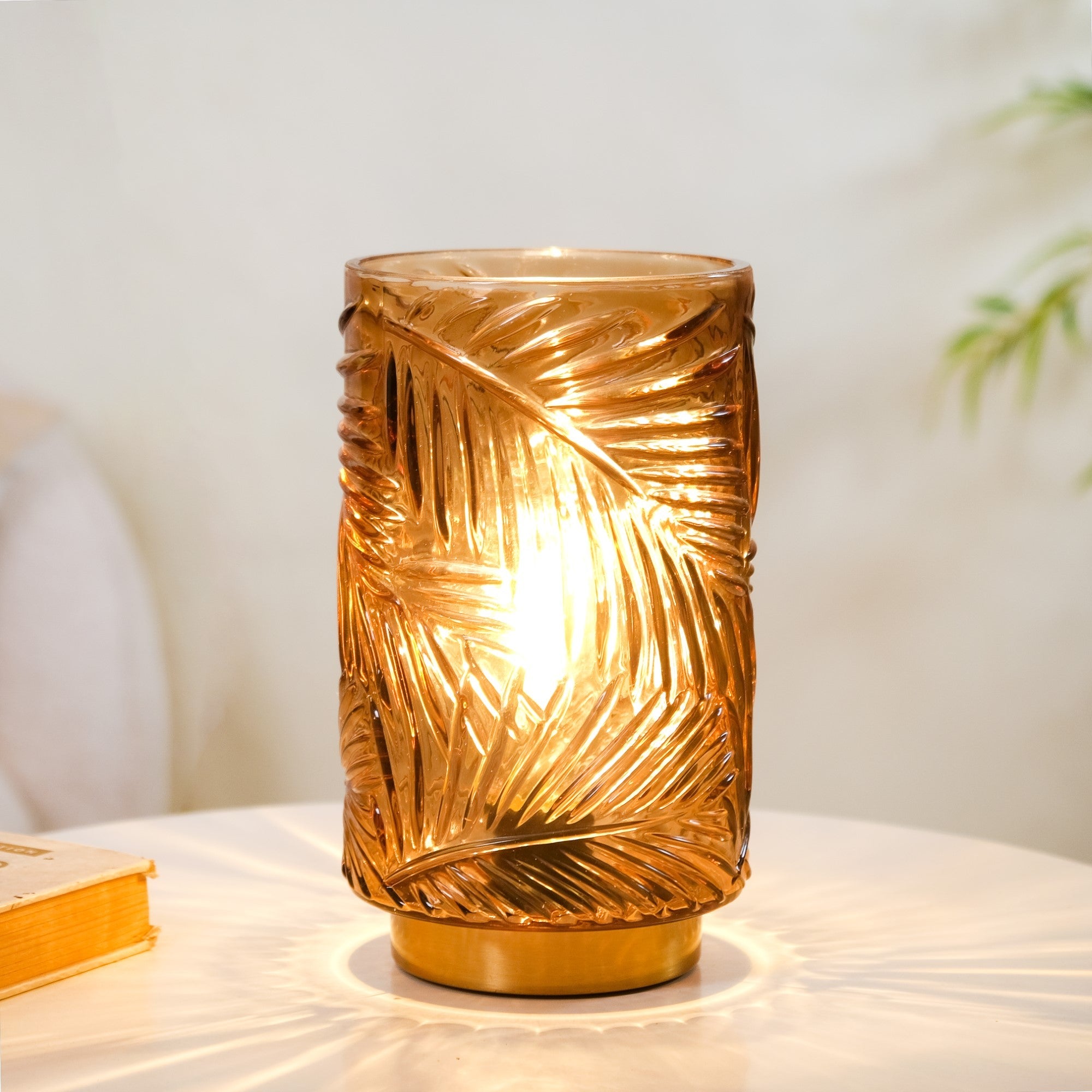 Palm Leaf Brown Glass LED Table Lamp With Auto Timer
