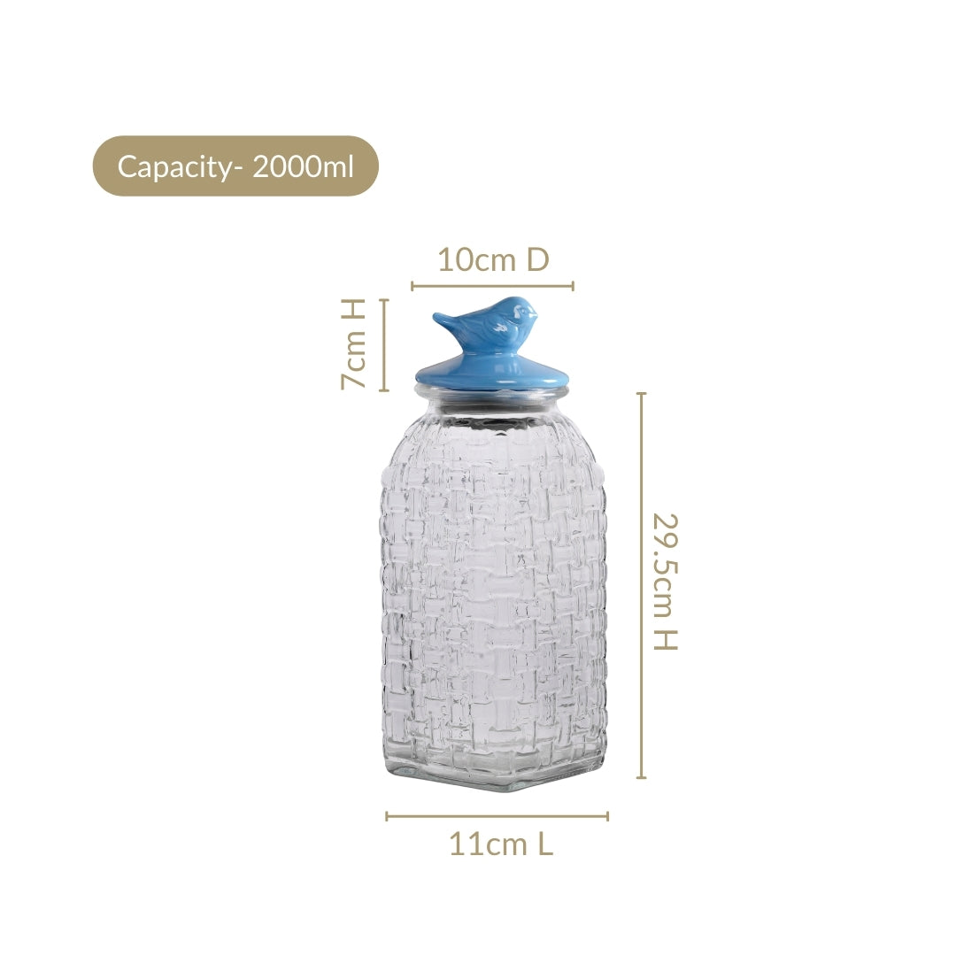 Lattice Glass Storage Container With Blue Bird Lid Set Of 2 2000ml