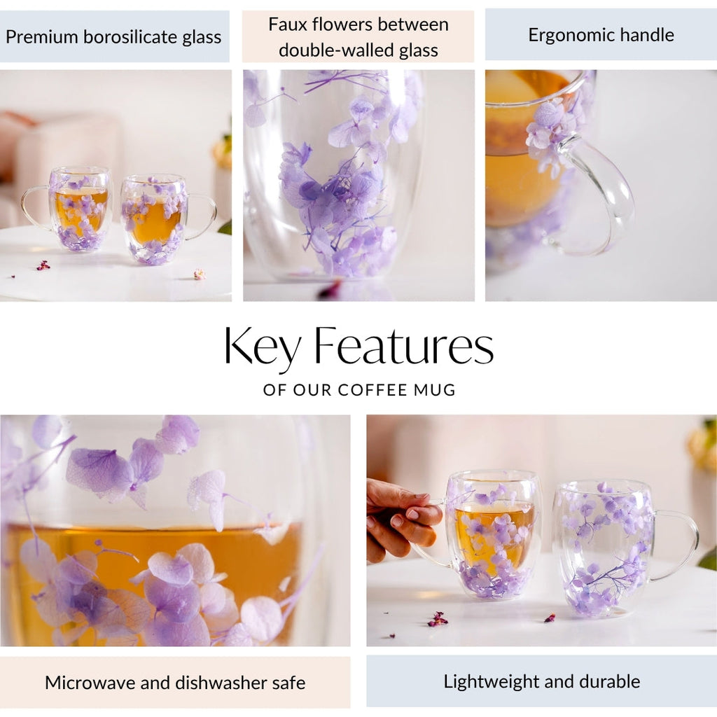 Double Wall Flower Inside Glass Insulated Mug Set Of 2 350ml