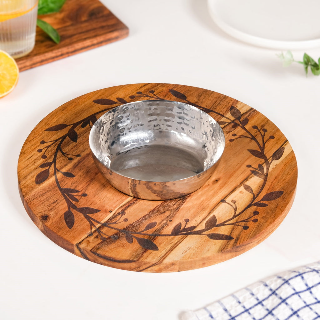 Chips And Dip Fusion Wooden Serving Platter With Steel Bowl 30cm