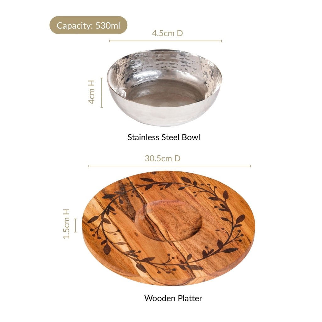 Chips And Dip Fusion Wooden Serving Platter With Steel Bowl 30cm