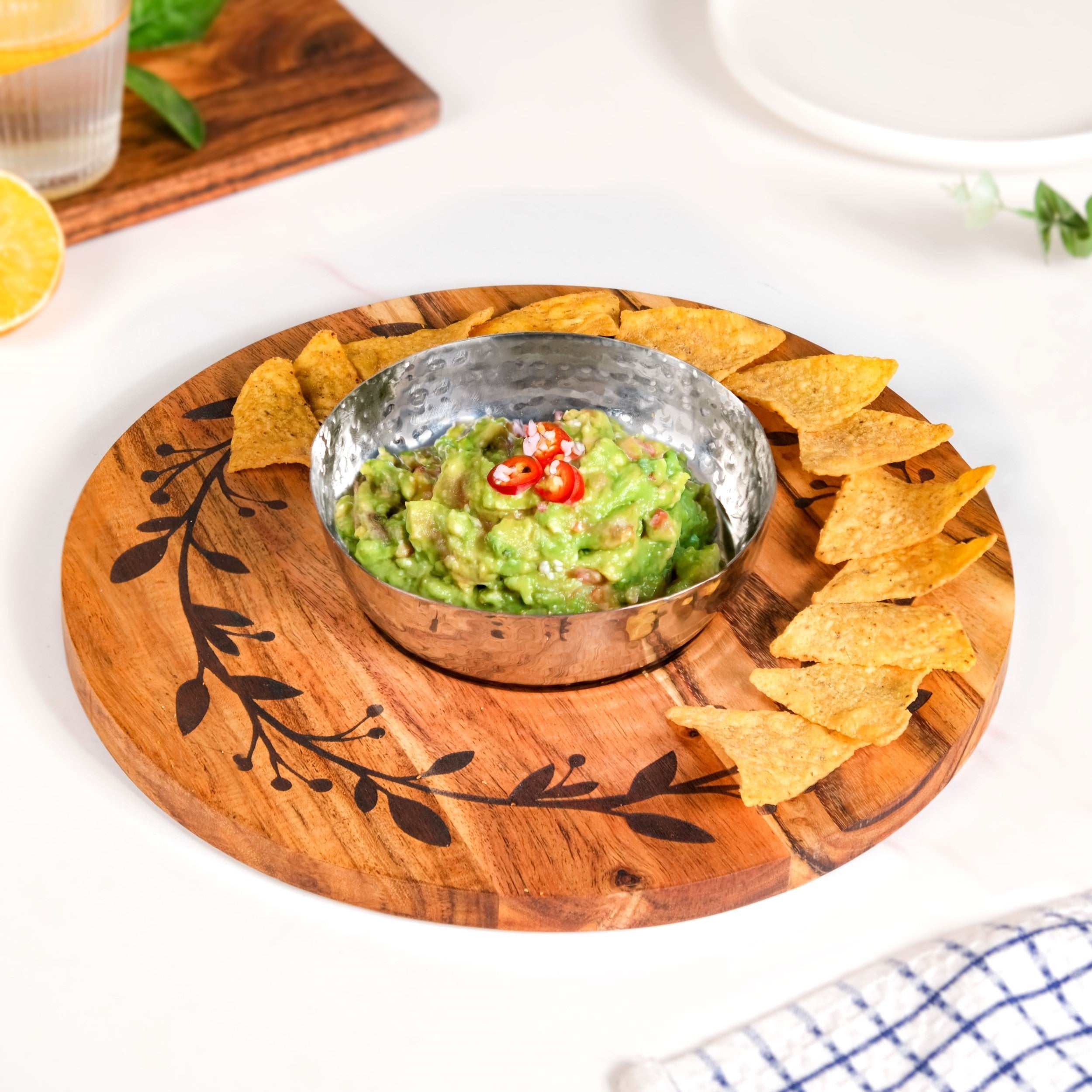 Chips And Dip Fusion Wooden Serving Platter With Steel Bowl 30cm