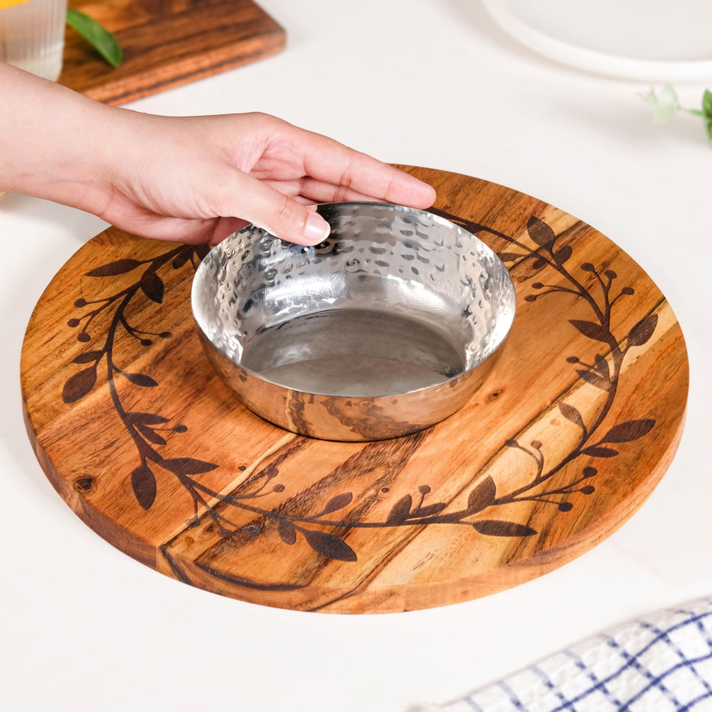 Chips And Dip Fusion Wooden Serving Platter With Steel Bowl 30cm