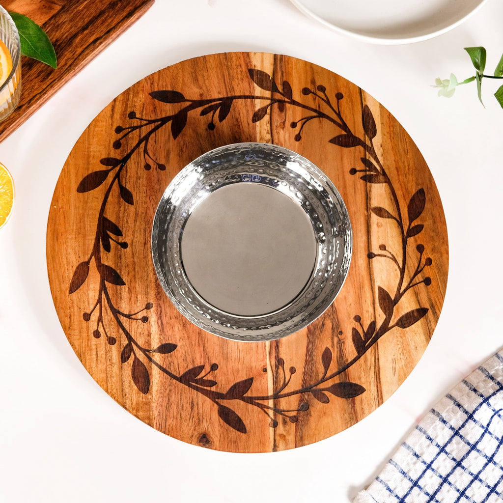 Chips And Dip Fusion Wooden Serving Platter With Steel Bowl 30cm