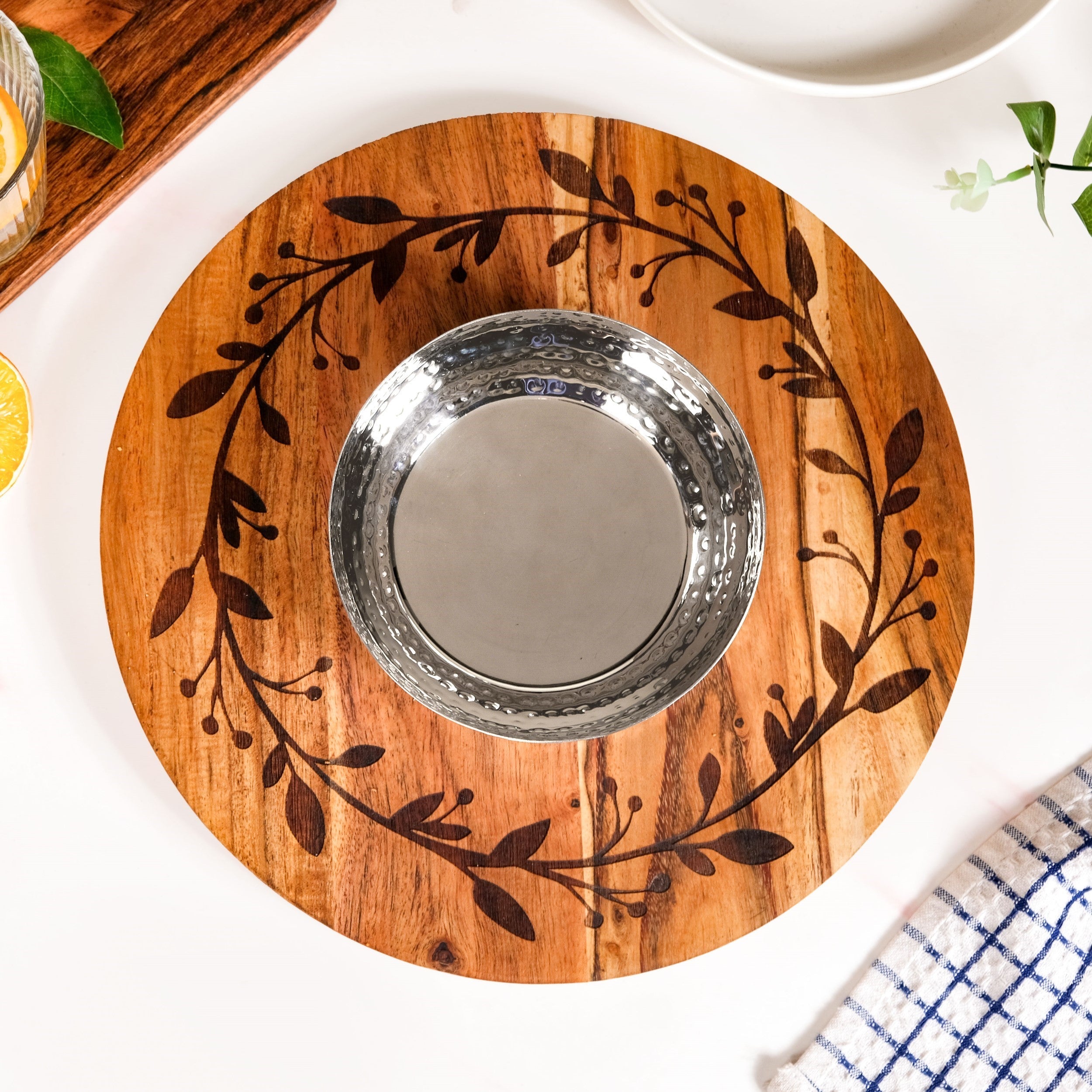Chips And Dip Fusion Wooden Serving Platter With Steel Bowl 30cm