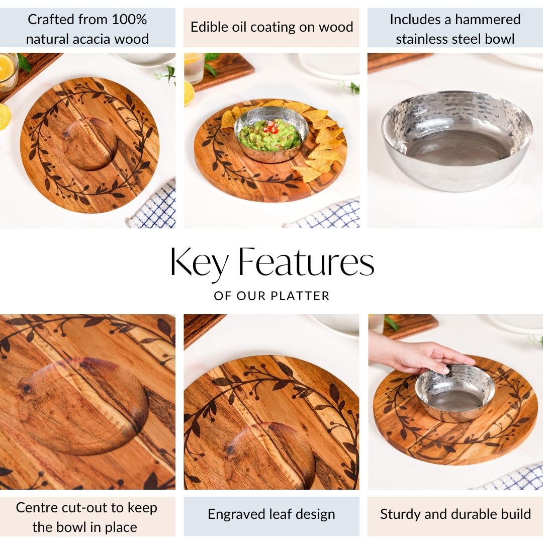 Chips And Dip Fusion Wooden Serving Platter With Steel Bowl 30cm