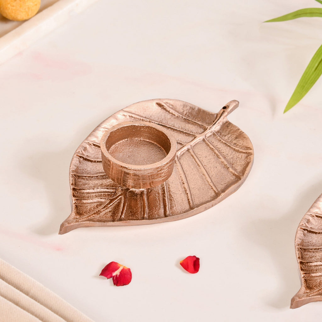 Luxe Metal Leaf Tealight And Incense Holder Set Of 2 In Festive Gift Box