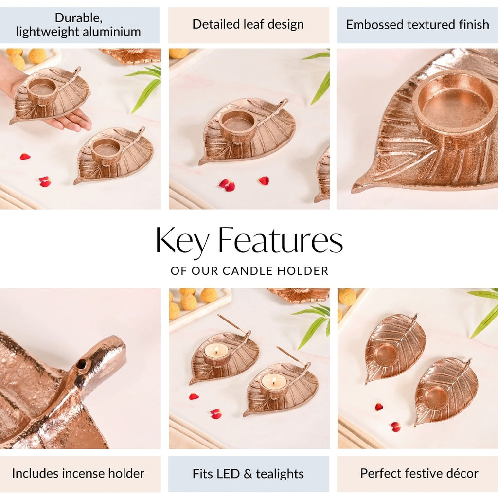 Luxe Metal Leaf Tealight And Incense Holder Set Of 2 In Festive Gift Box