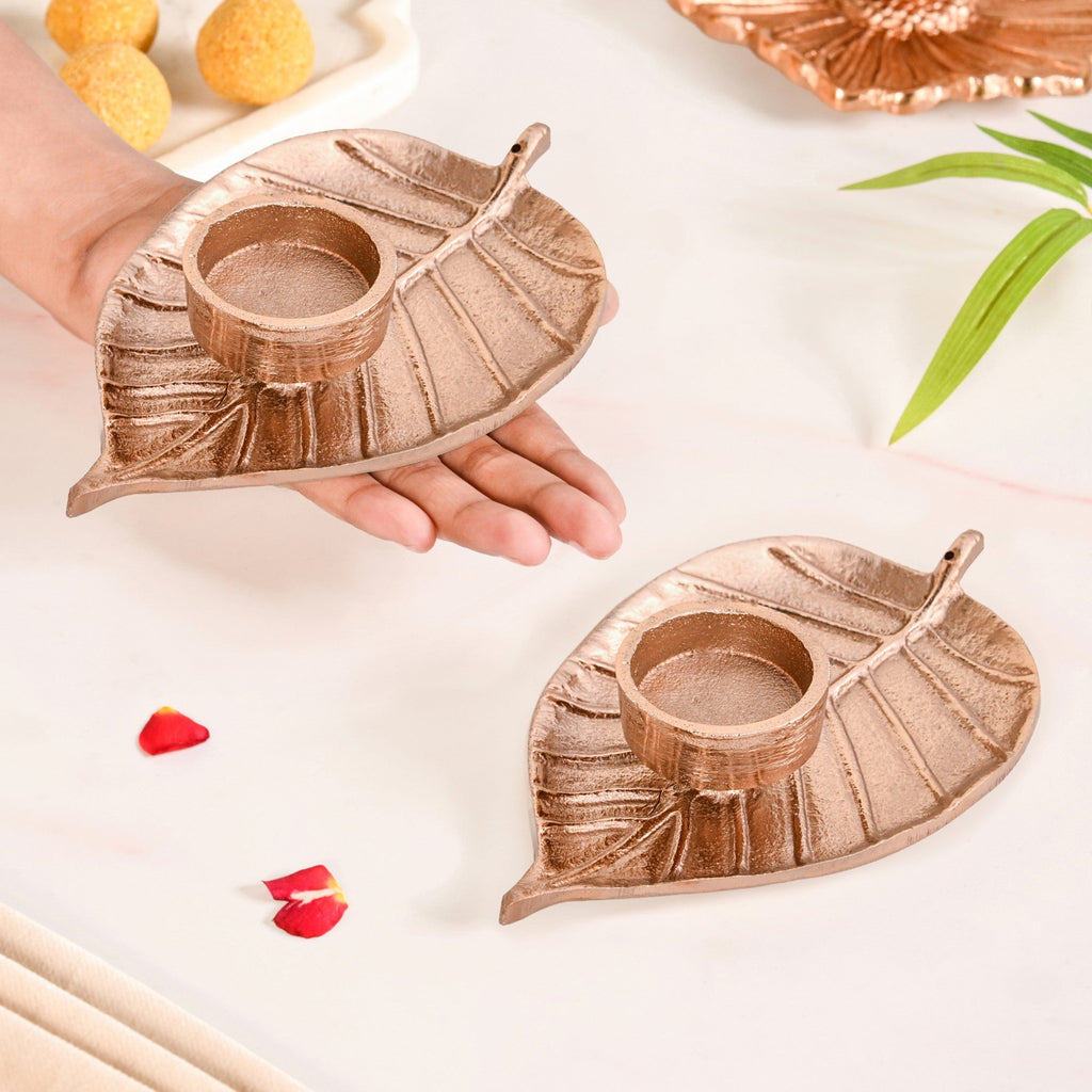 Luxe Metal Leaf Tealight And Incense Holder Set Of 2 In Festive Gift Box