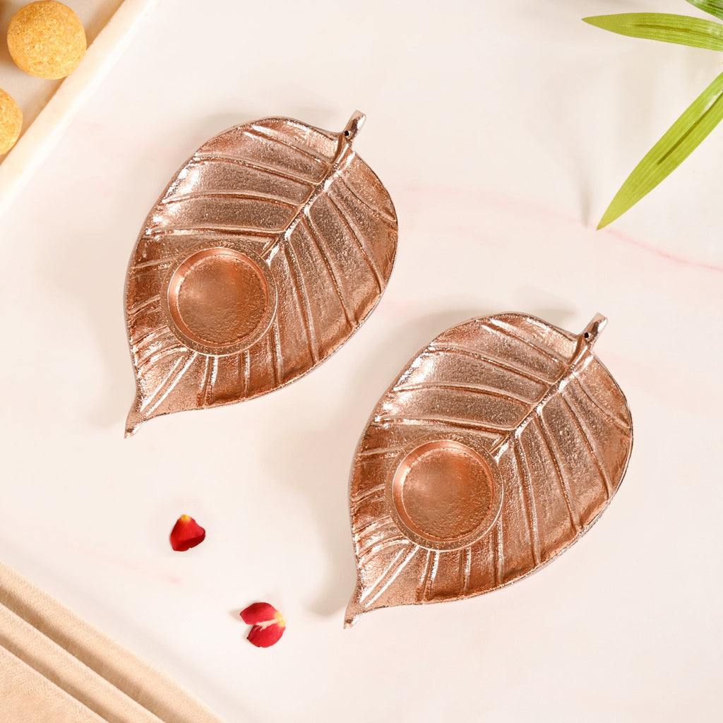 Luxe Metal Leaf Tealight And Incense Holder Set Of 2 In Festive Gift Box