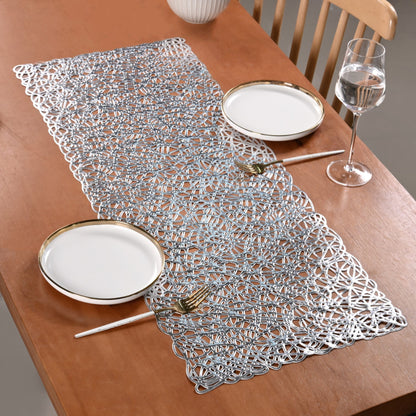 Modern Laser Cut Style Silver Table Runner Silver 92x35cm