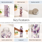 Leakproof Floral Glass Water Bottle With Stainless Steel Lid 1000ml