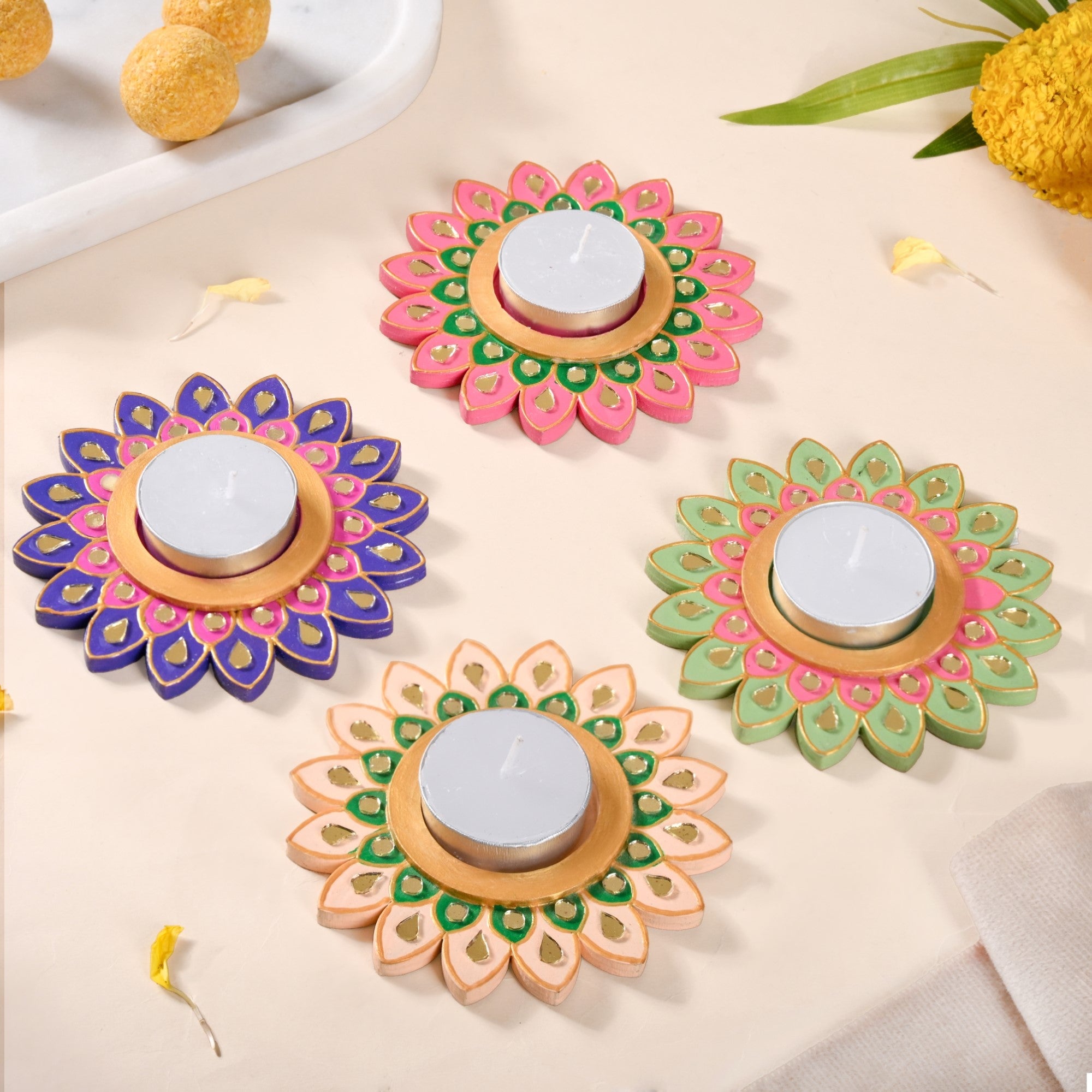 Lippan Art Mirrorwork Vibrant Flower Tealight Holders Set Of 4