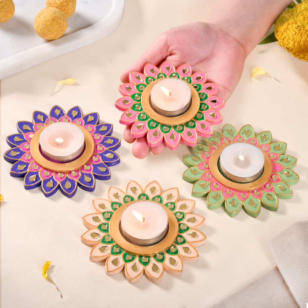 Lippan Art Mirrorwork Vibrant Flower Tealight Holders Set Of 4