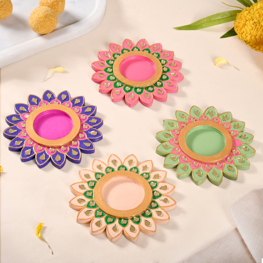 Lippan Art Mirrorwork Vibrant Flower Tealight Holders Set Of 4