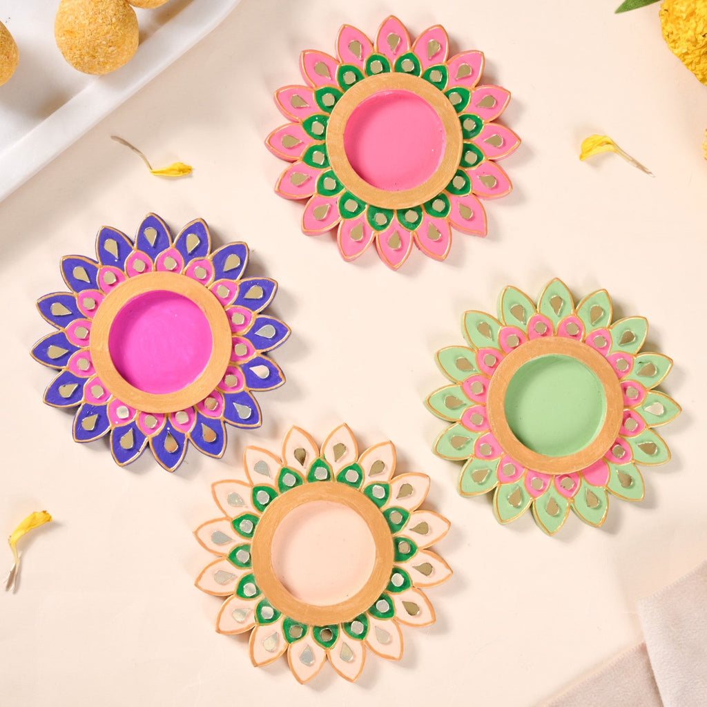 Lippan Art Mirrorwork Vibrant Flower Tealight Holders Set Of 4