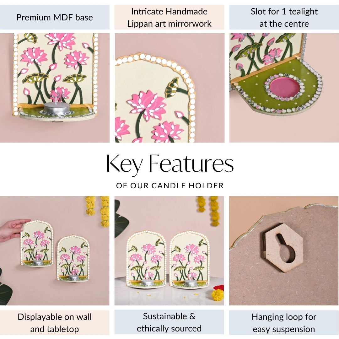 Lippan Wall Tealight Candle Holder With Mirror Work Set Of 2