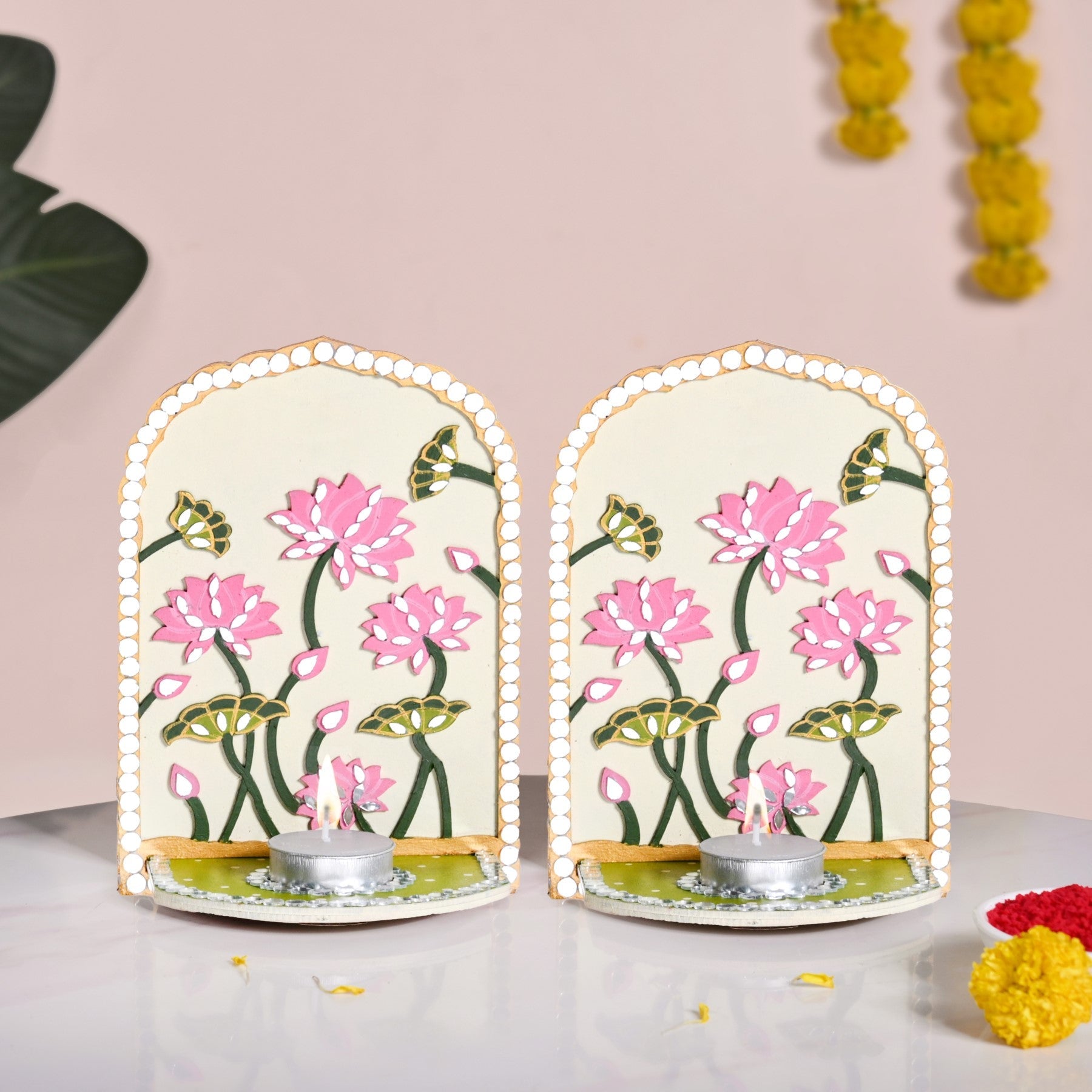 Lippan Wall Tealight Candle Holder With Mirror Work Set Of 2