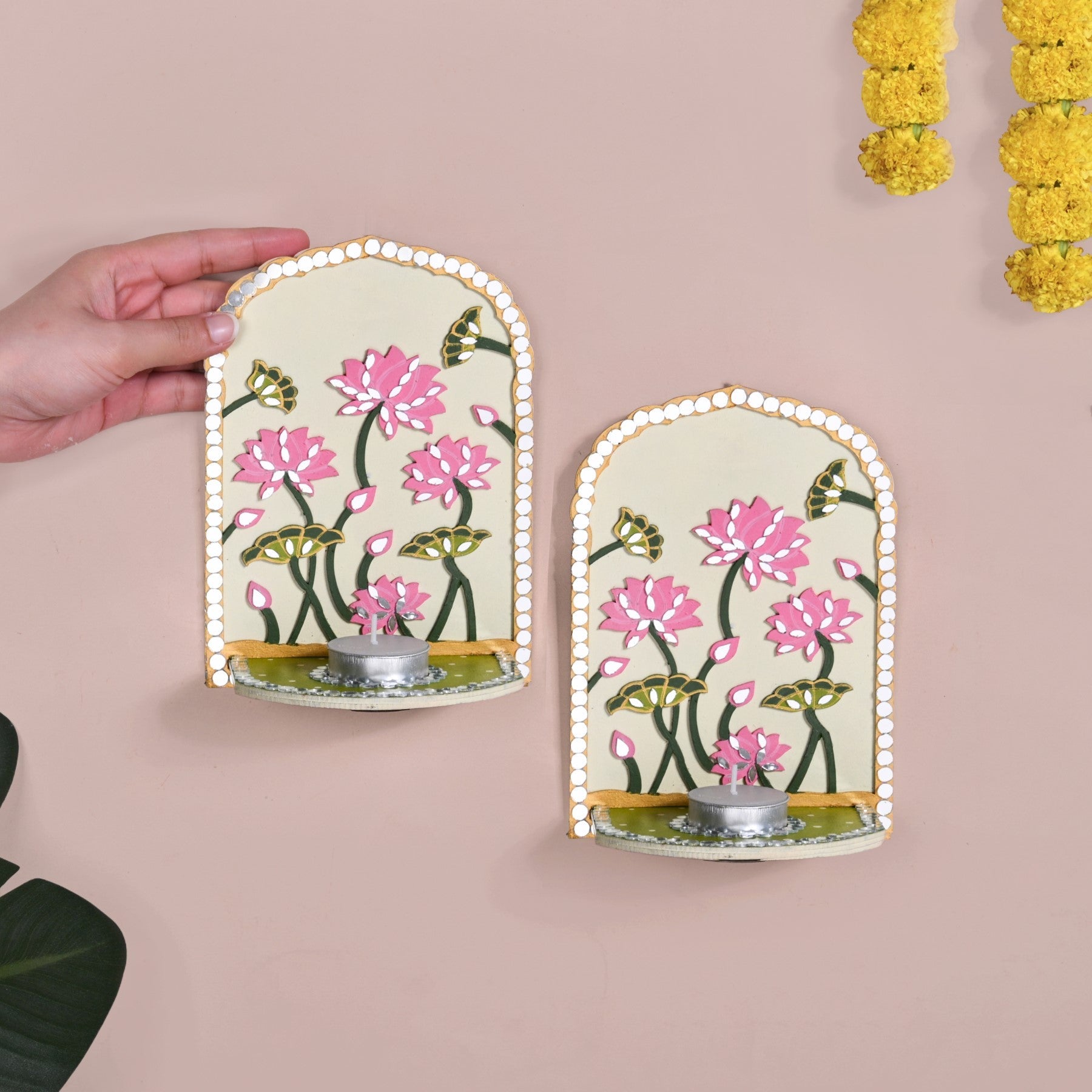 Lippan Wall Tealight Candle Holder With Mirror Work Set Of 2