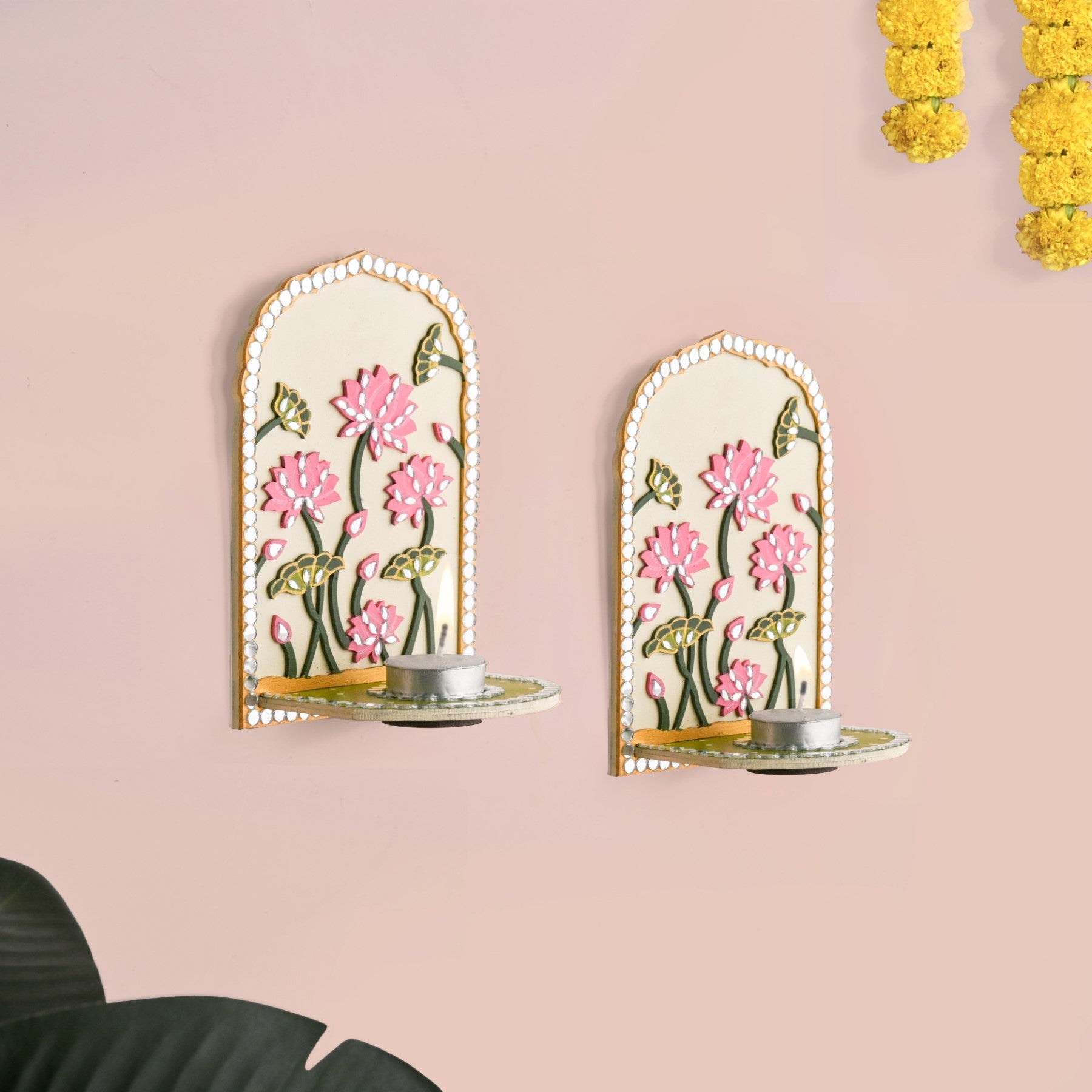 Lippan Wall Tealight Candle Holder With Mirror Work Set Of 2