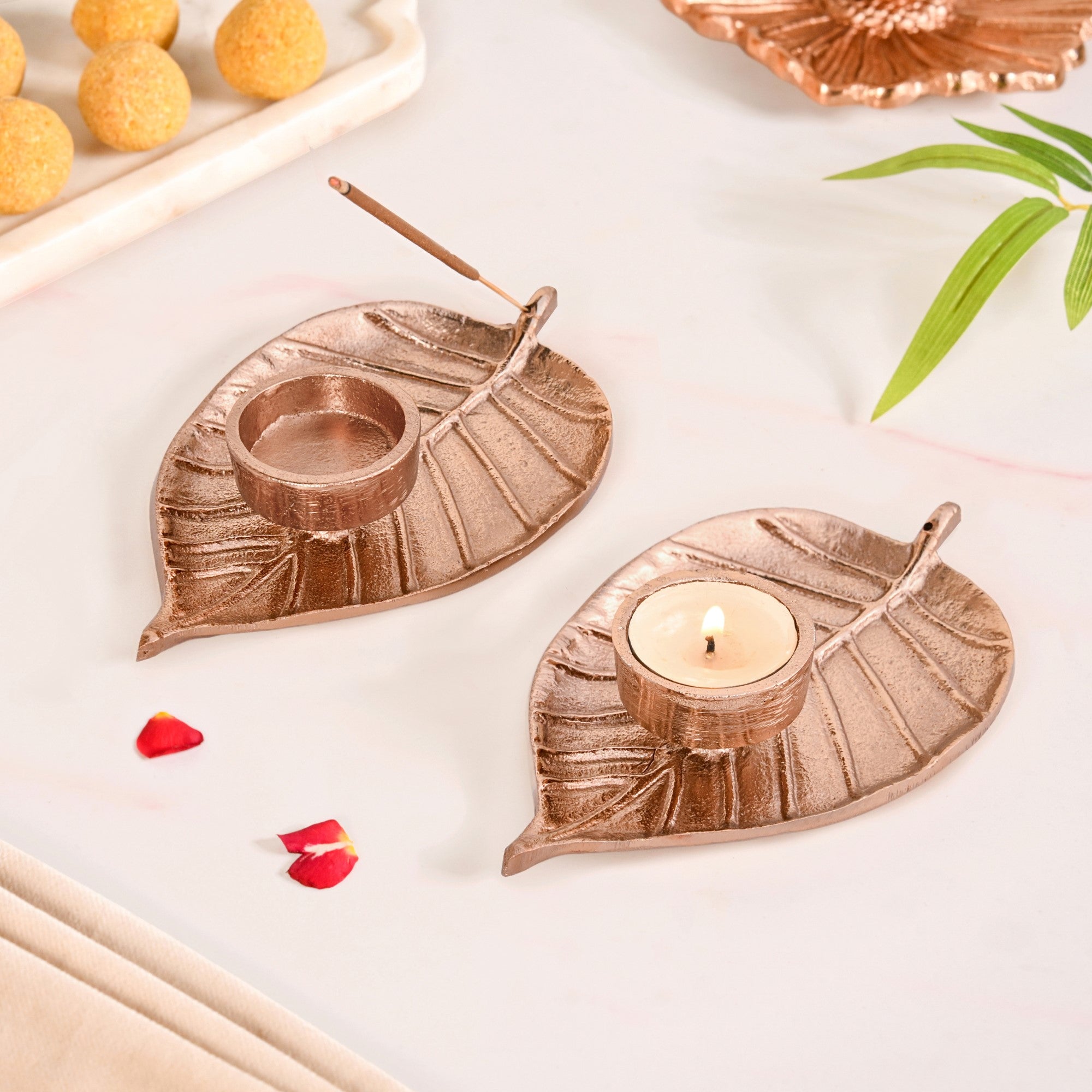Luxe Metal Leaf Tealight And Incense Holder Set Of 2 In Festive Gift Box