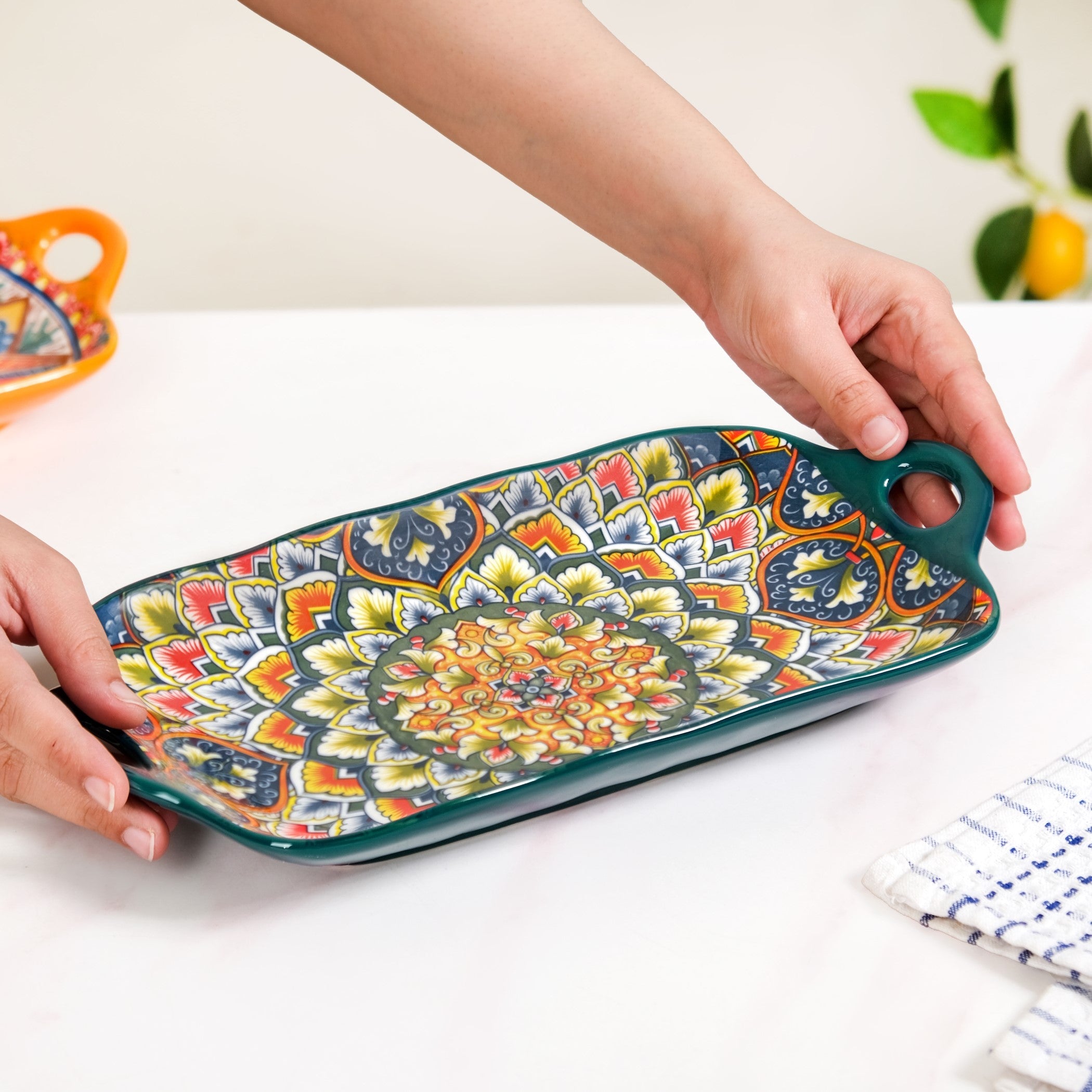 Mandala Melange Long Platter Dish Green