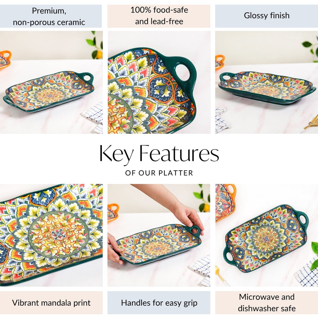 Mandala Melange Long Platter Dish Green